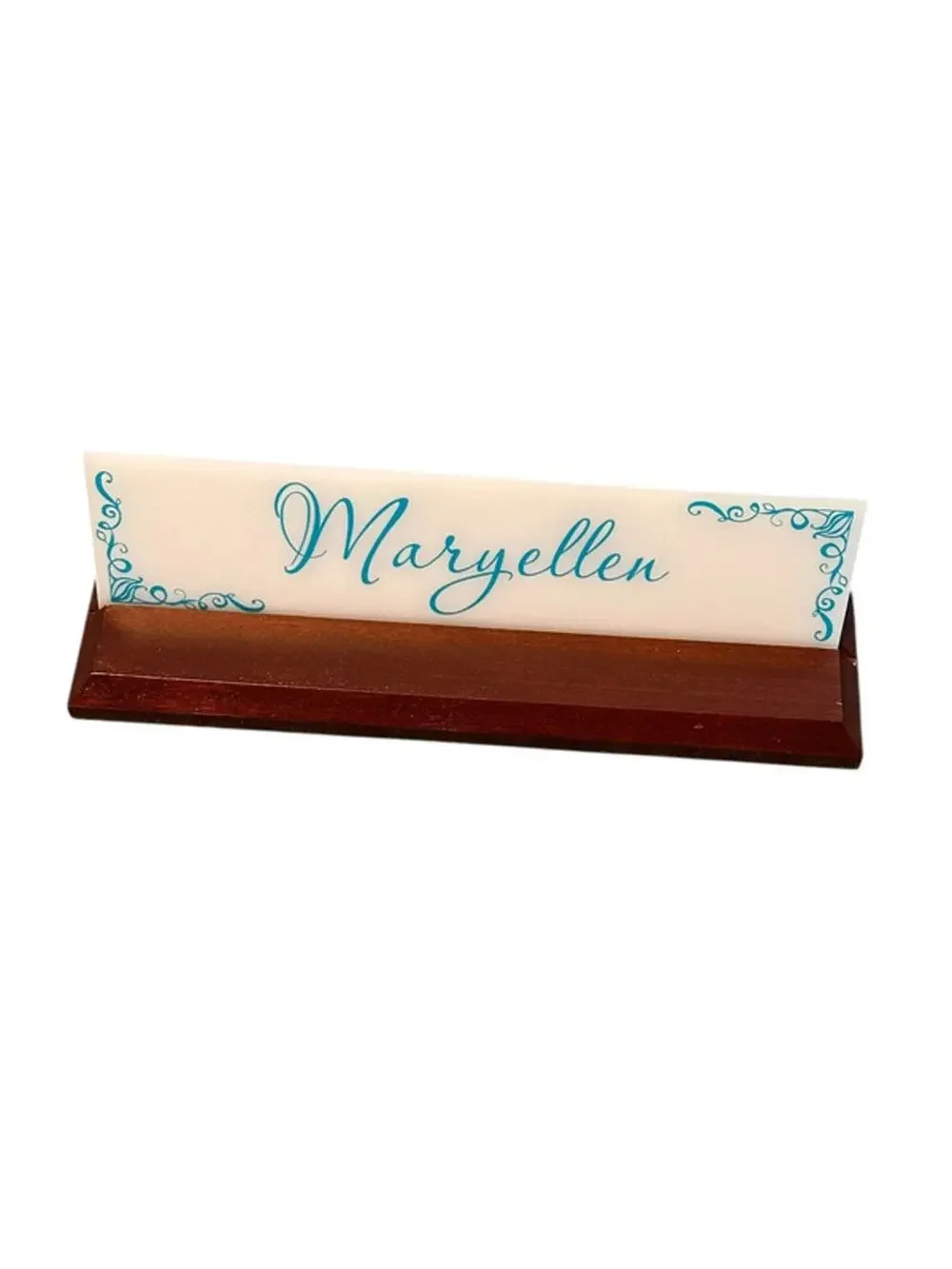 Nameplate for desk Maryellen, dark brown wood, blue writing - Picture 1 of 7
